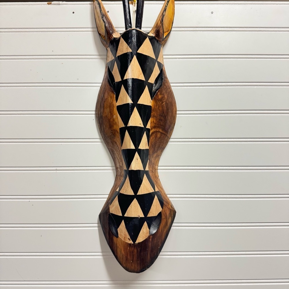 Giraffe African Mask Brown Safari Tribal Wood Hand Carved Hanging Wall Art 19"